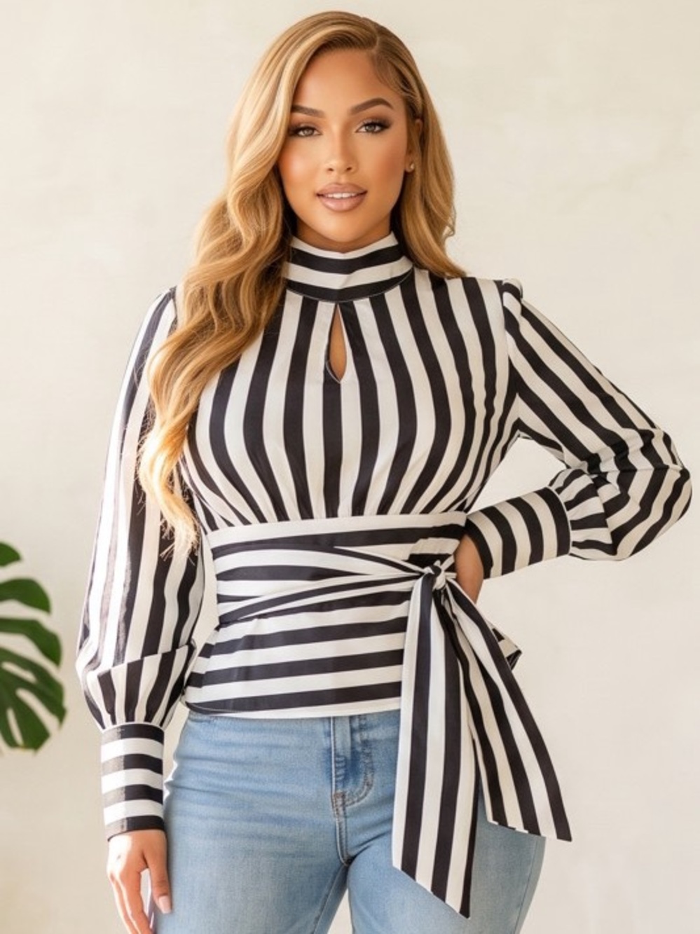 Striped Tie-Waist Mock Neck Blouse in Black and White